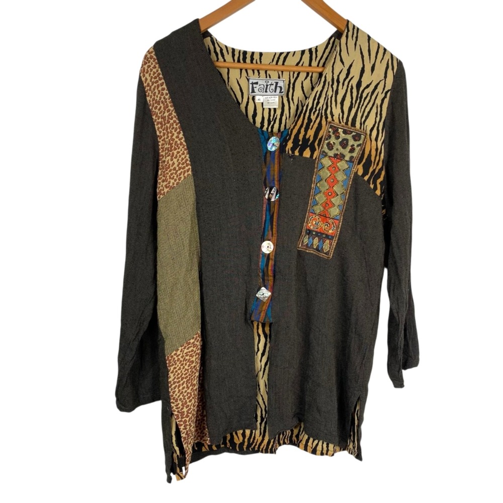 Faith By Celia Forrester Women's Patchwork Art Eclectic Top Multicolor Size XL